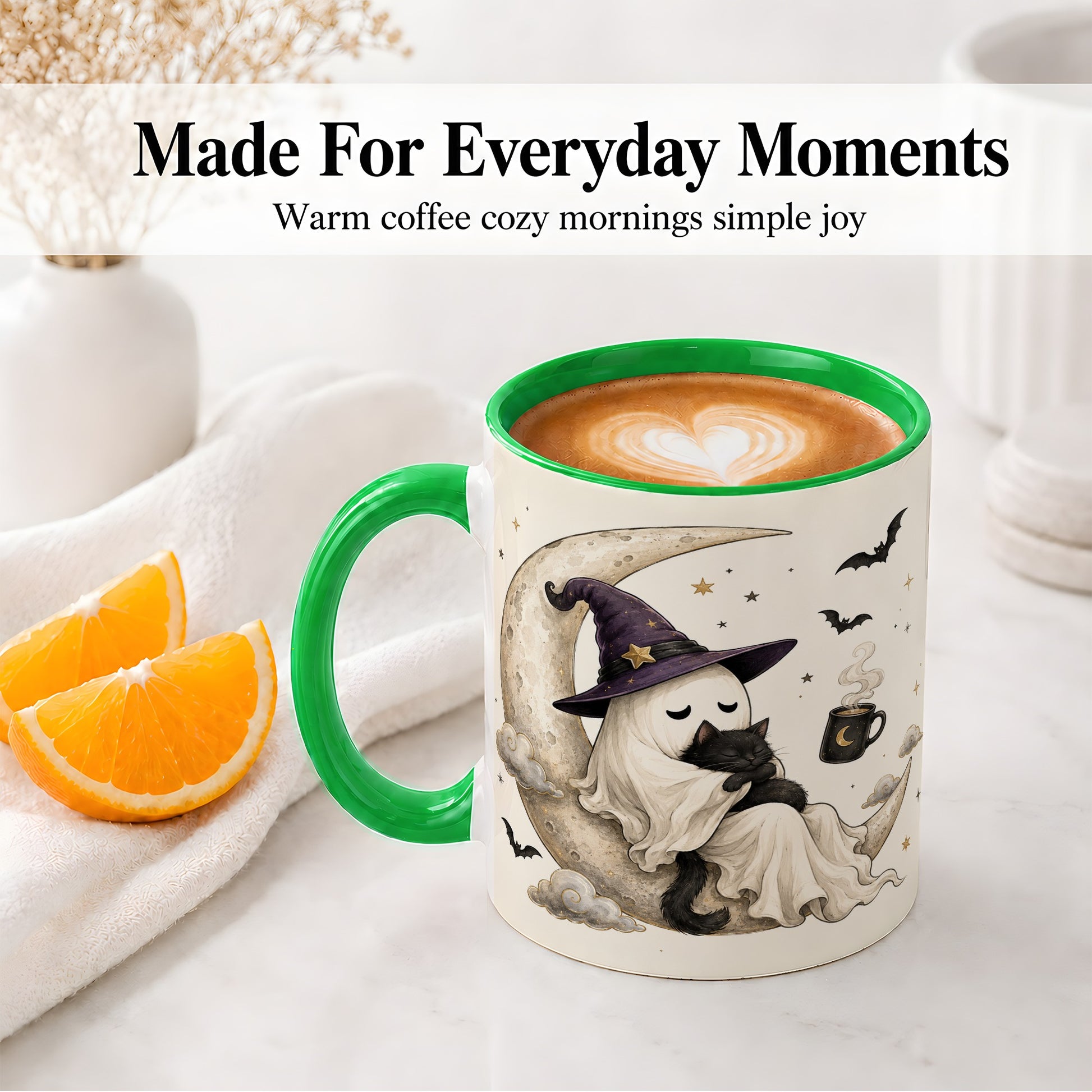 #pl[11oz|Green] Ghost Witch Cat Ceramic Mug, Crescent Moon Halloween Artwork