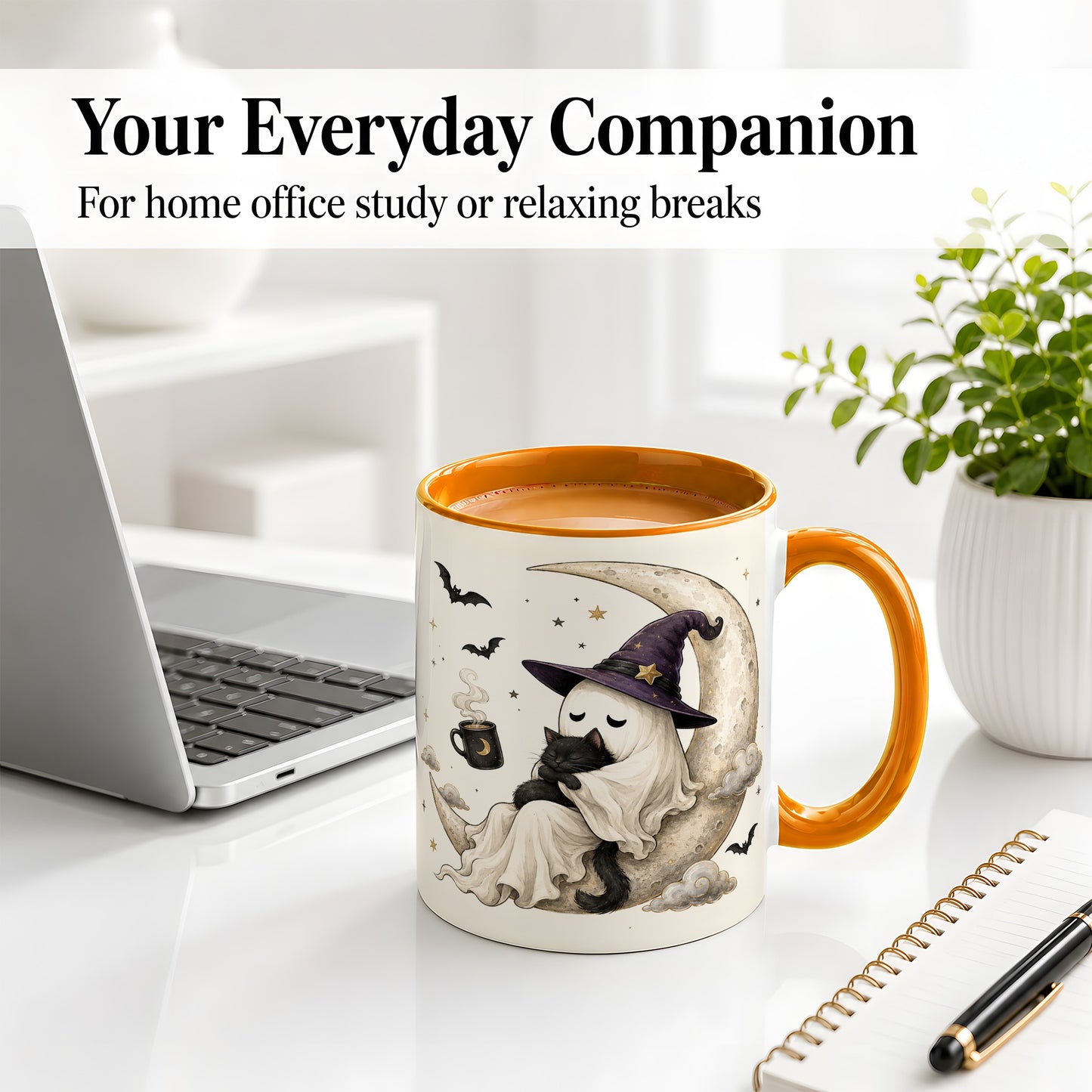 #pl[11oz|Orange] Ghost Witch Cat Ceramic Mug, Crescent Moon Halloween Artwork
