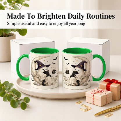 #pl[11oz|Green] Ghost Witch Cat Ceramic Mug, Crescent Moon Halloween Artwork