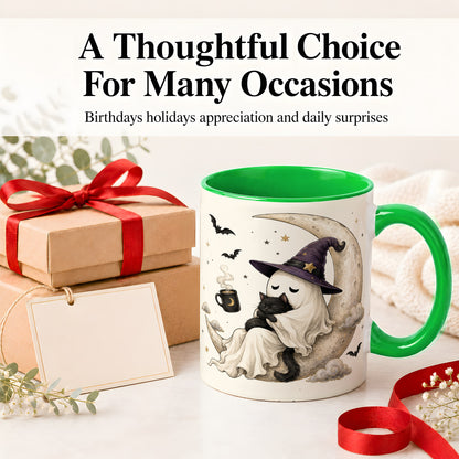 #pl[11oz|Green] Ghost Witch Cat Ceramic Mug, Crescent Moon Halloween Artwork