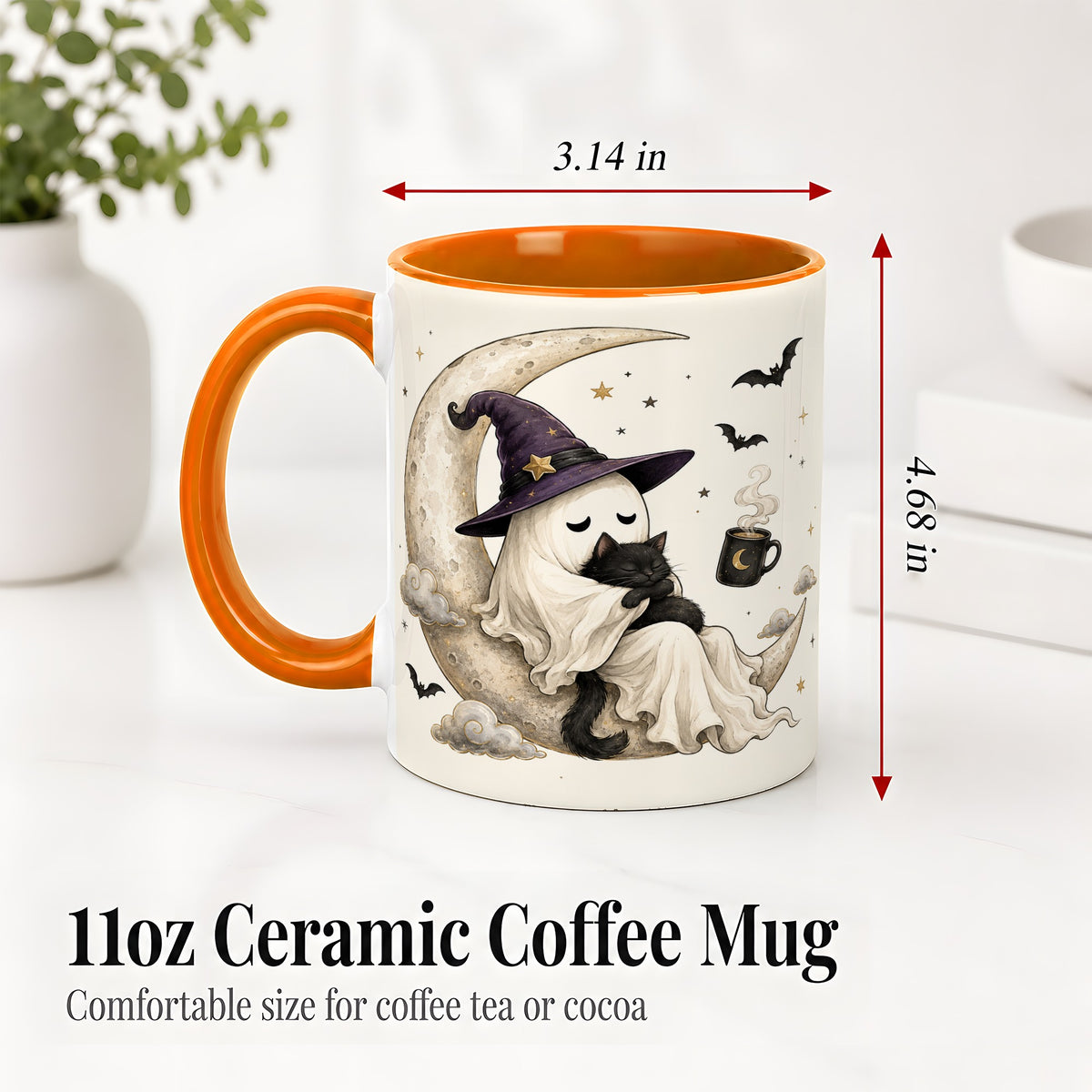 #pl[11oz|Orange] Ghost Witch Cat Ceramic Mug, Crescent Moon Halloween Artwork