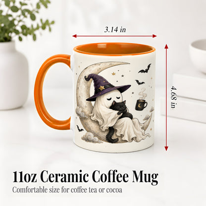 #pl[11oz|Orange] Ghost Witch Cat Ceramic Mug, Crescent Moon Halloween Artwork
