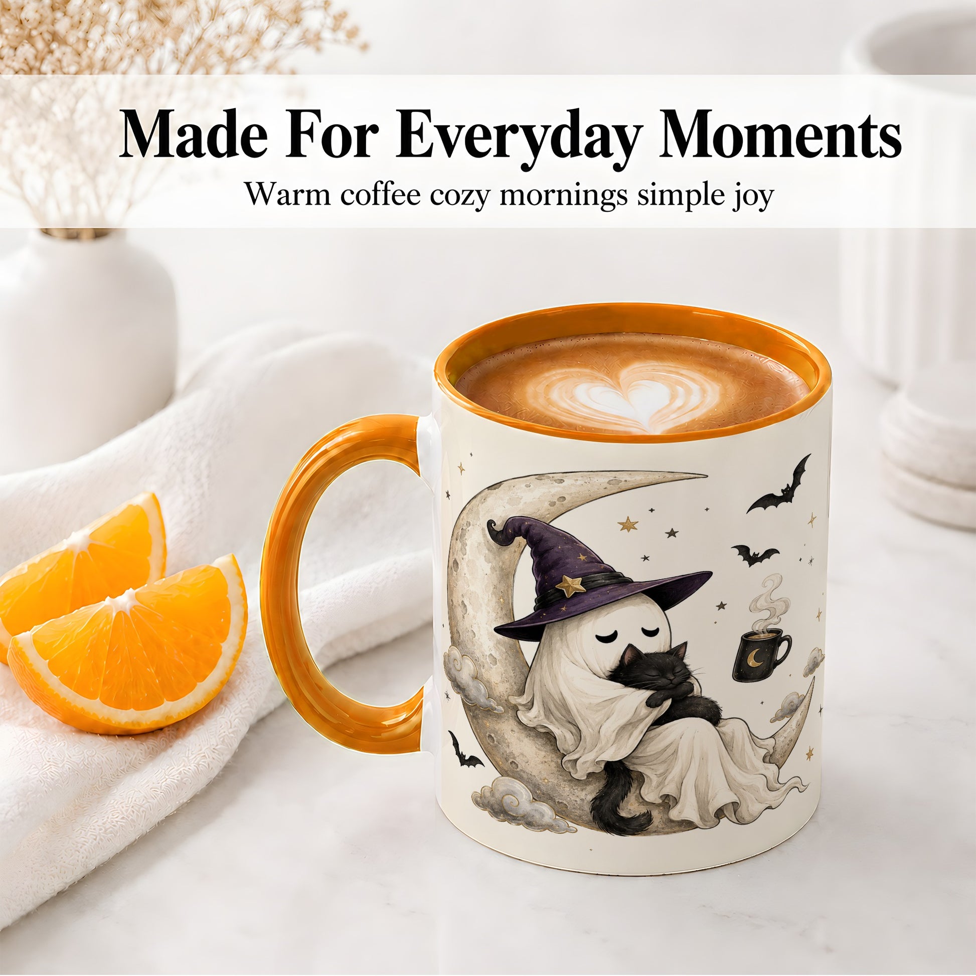 #pl[11oz|Orange] Ghost Witch Cat Ceramic Mug, Crescent Moon Halloween Artwork