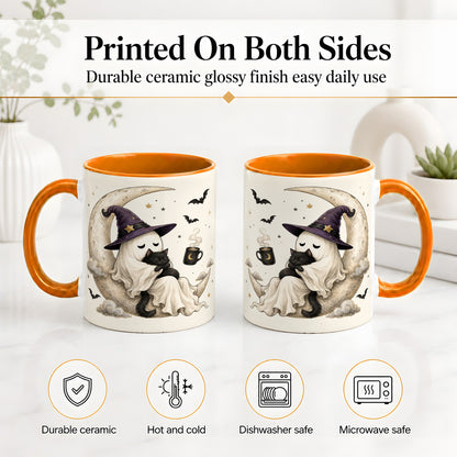 #pl[11oz|Orange] Ghost Witch Cat Ceramic Mug, Crescent Moon Halloween Artwork