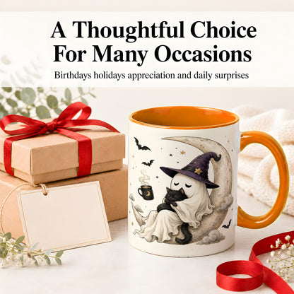 #pl[11oz|Orange] Ghost Witch Cat Ceramic Mug, Crescent Moon Halloween Artwork