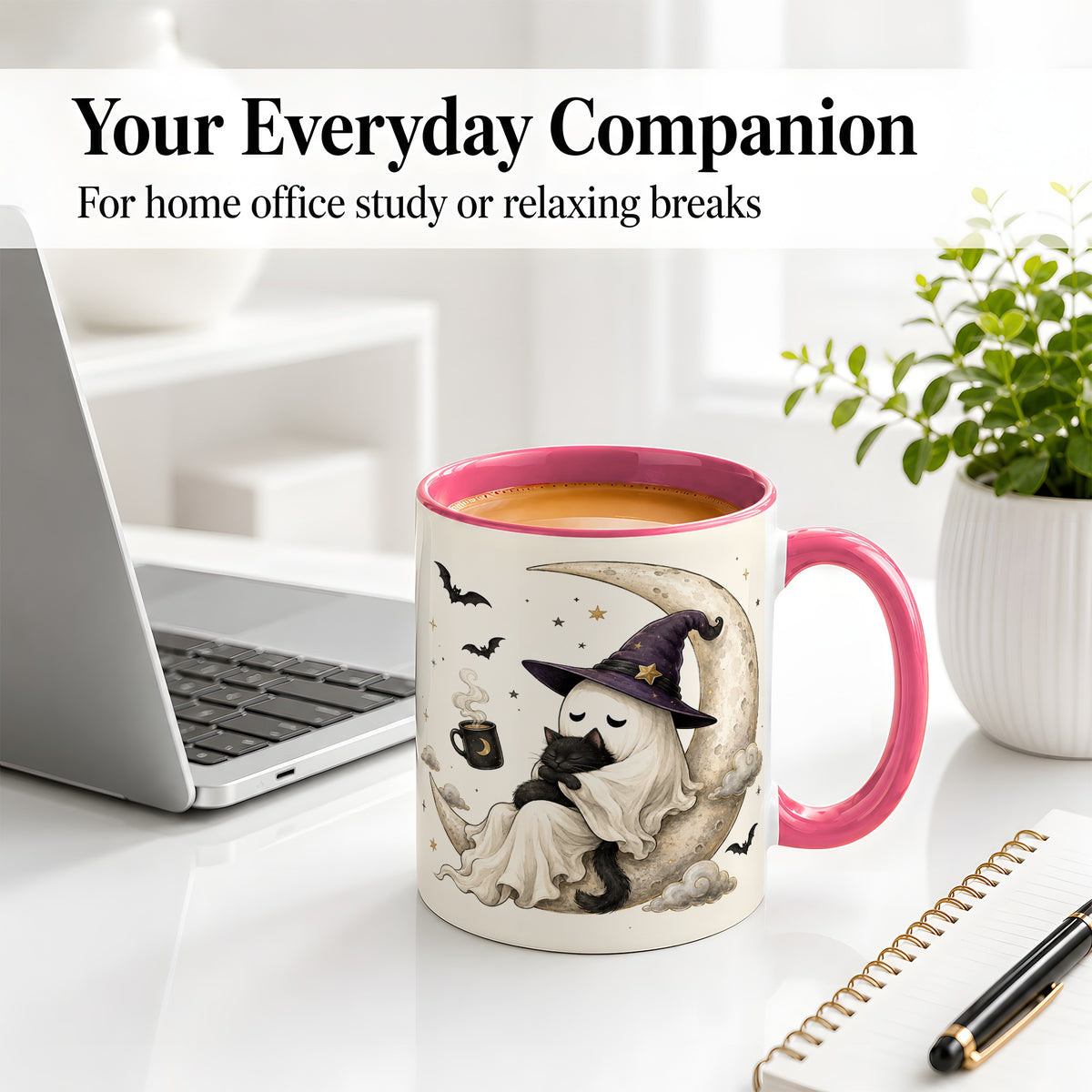 #pl[11oz|Pink] Ghost Witch Cat Ceramic Mug, Crescent Moon Halloween Artwork