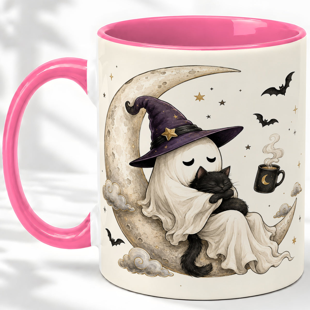 #pl[11oz|Pink] Ghost Witch Cat Ceramic Mug, Crescent Moon Halloween Artwork