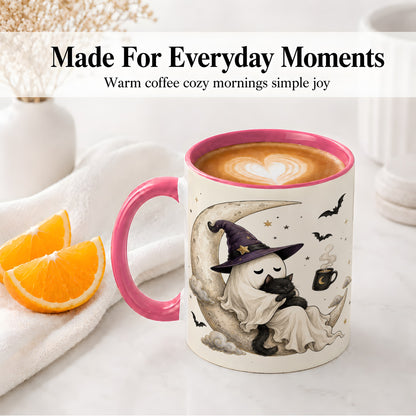 #pl[11oz|Pink] Ghost Witch Cat Ceramic Mug, Crescent Moon Halloween Artwork