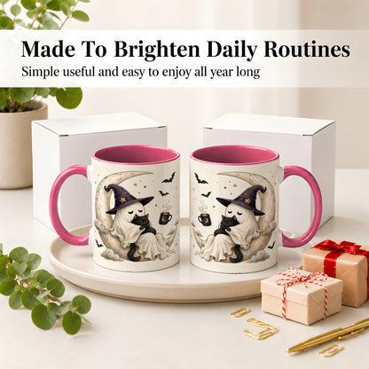#pl[11oz|Pink] Ghost Witch Cat Ceramic Mug, Crescent Moon Halloween Artwork