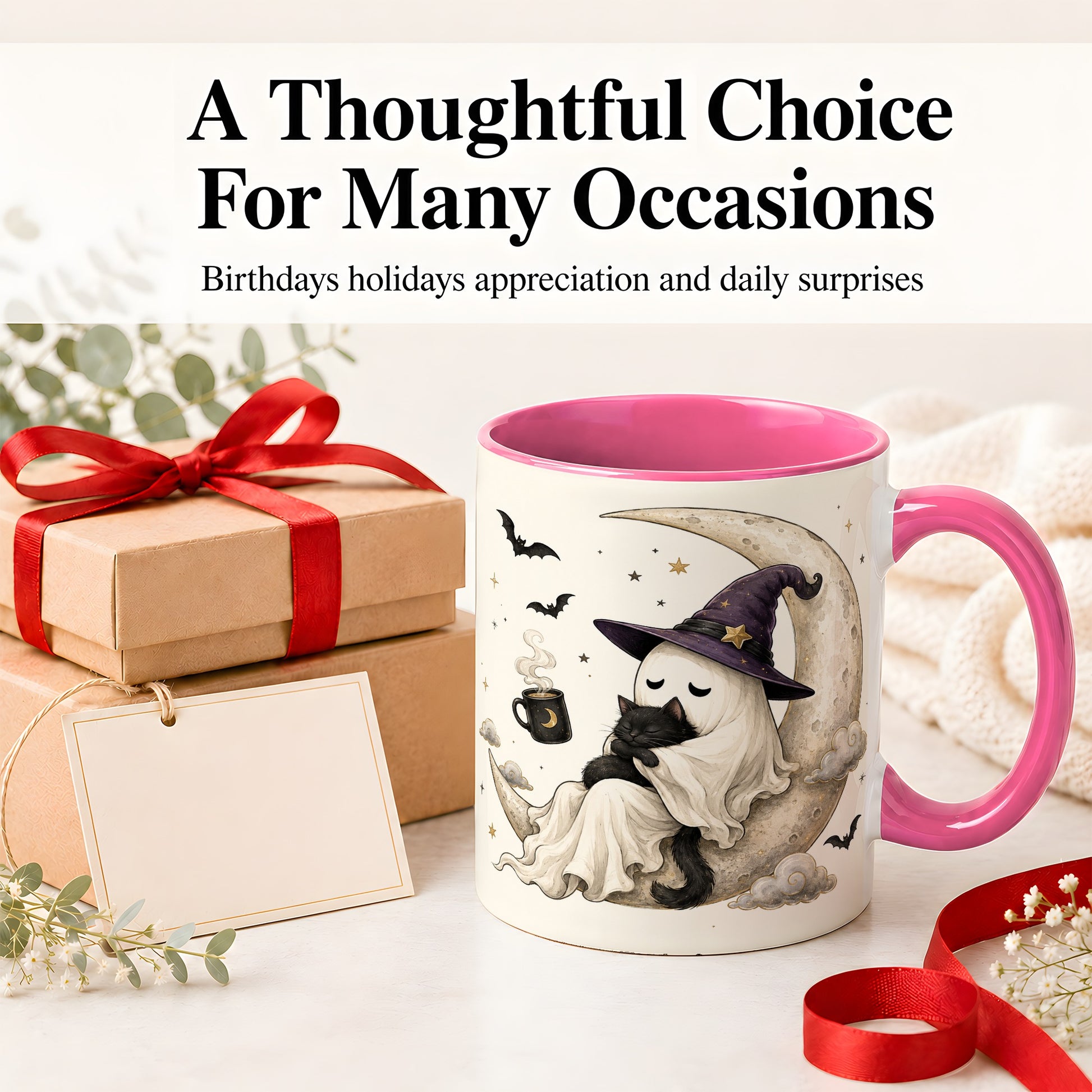 #pl[11oz|Pink] Ghost Witch Cat Ceramic Mug, Crescent Moon Halloween Artwork