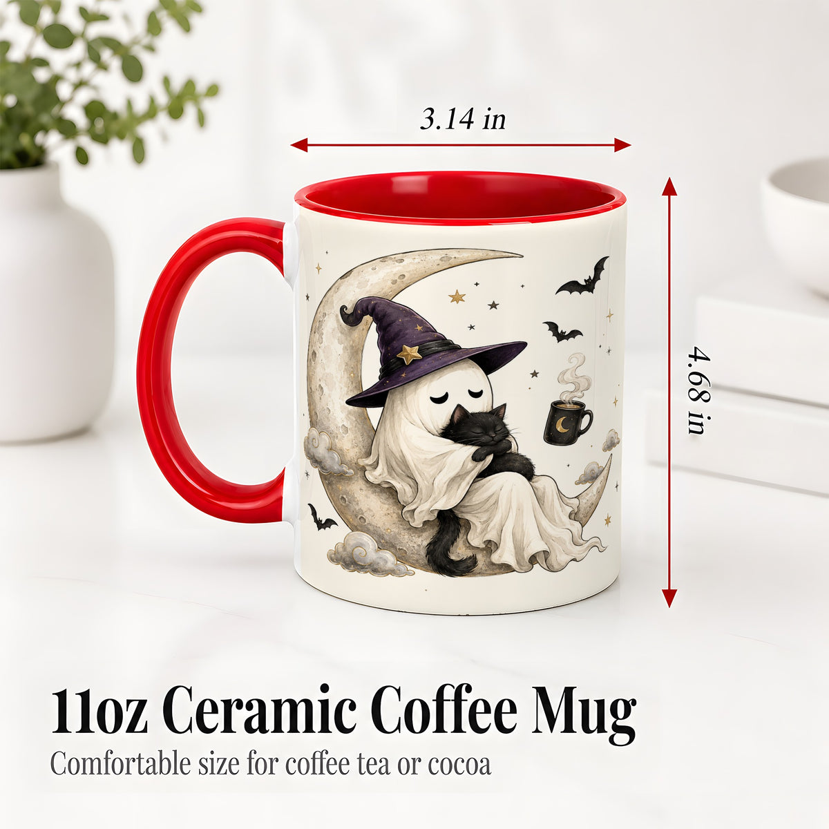#pl[11oz|Red] Ghost Witch Cat Ceramic Mug, Crescent Moon Halloween Artwork