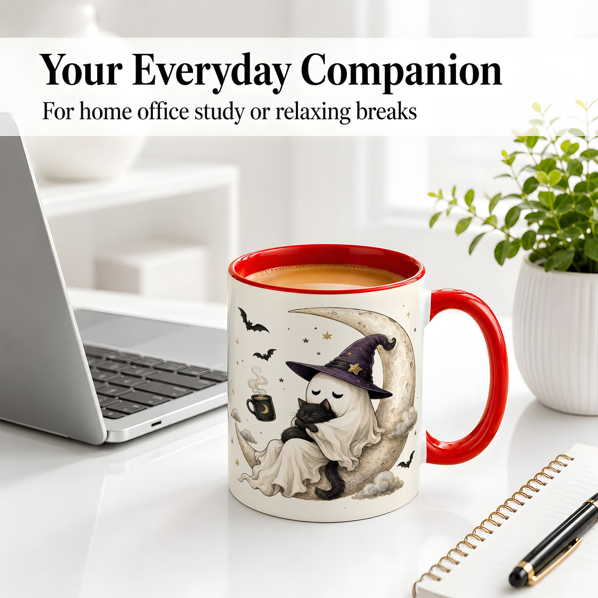 #pl[11oz|Red] Ghost Witch Cat Ceramic Mug, Crescent Moon Halloween Artwork