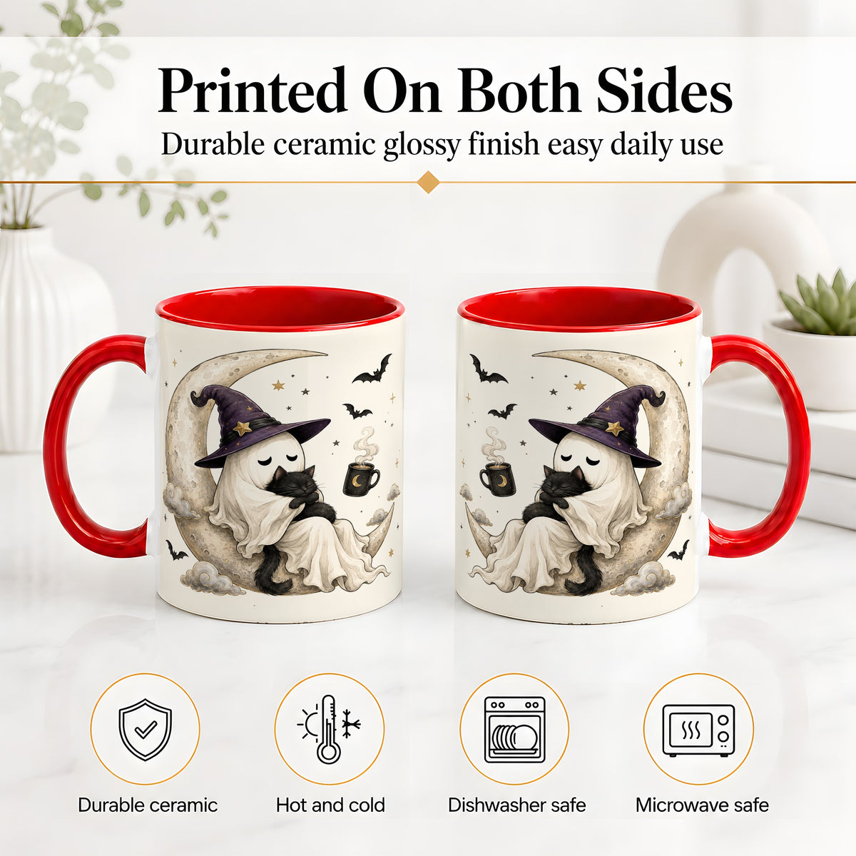 #pl[11oz|Red] Ghost Witch Cat Ceramic Mug, Crescent Moon Halloween Artwork