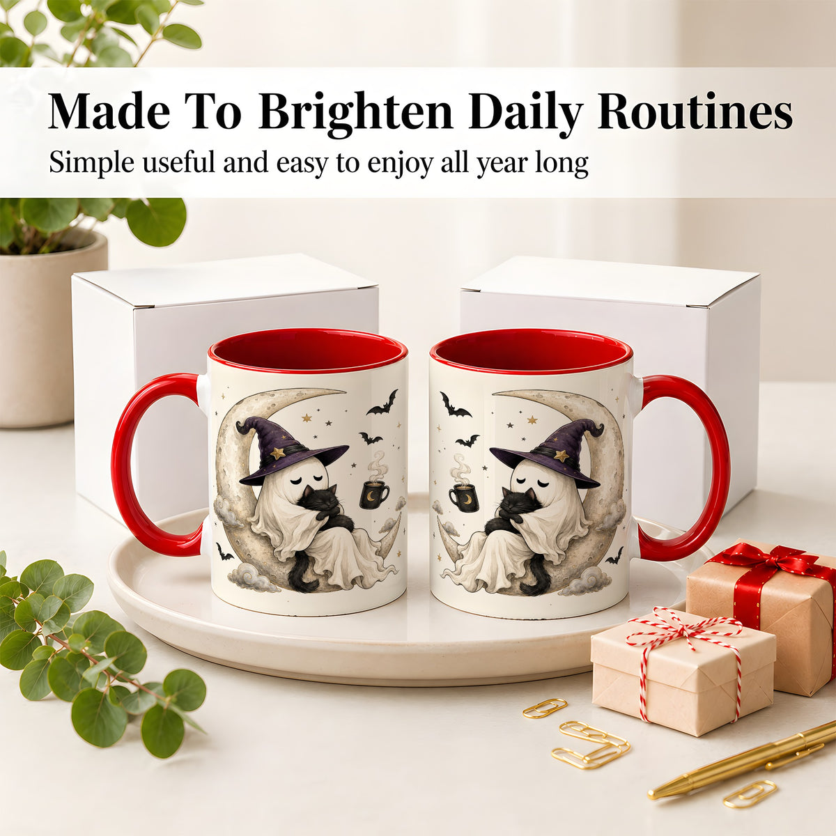 #pl[11oz|Red] Ghost Witch Cat Ceramic Mug, Crescent Moon Halloween Artwork