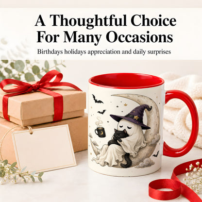 #pl[11oz|Red] Ghost Witch Cat Ceramic Mug, Crescent Moon Halloween Artwork