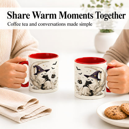 #pl[11oz|Red] Ghost Witch Cat Ceramic Mug, Crescent Moon Halloween Artwork