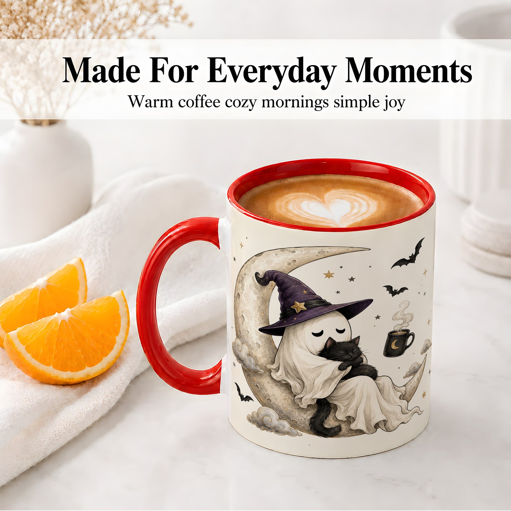 #pl[11oz|Red] Ghost Witch Cat Ceramic Mug, Crescent Moon Halloween Artwork