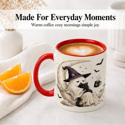 #pl[11oz|Red] Ghost Witch Cat Ceramic Mug, Crescent Moon Halloween Artwork