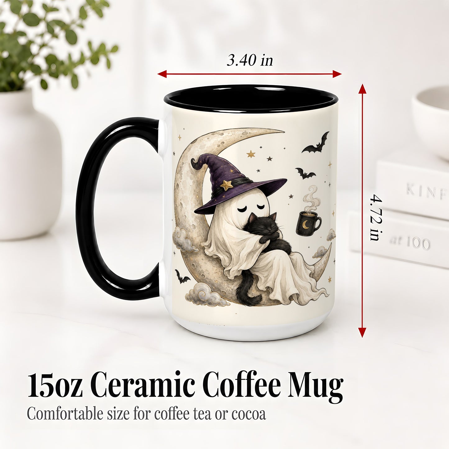 #pl[15oz|Black] Ghost Witch Cat Ceramic Mug, Crescent Moon Halloween Artwork