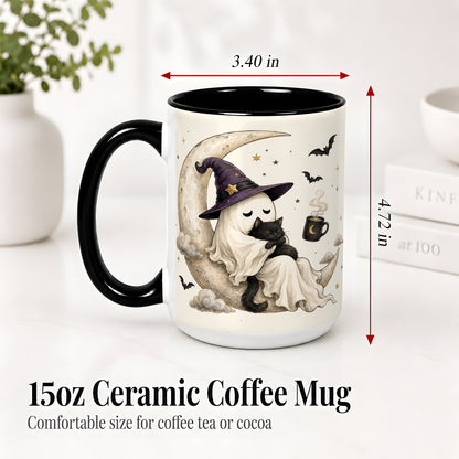 #pl[15oz|Black] Ghost Witch Cat Ceramic Mug, Crescent Moon Halloween Artwork