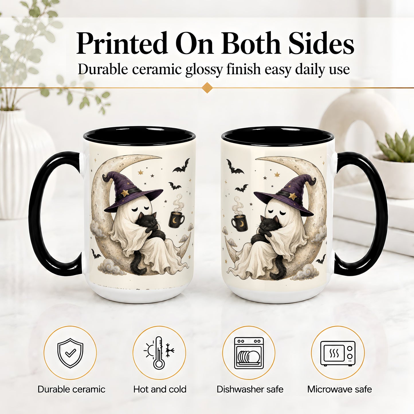 #pl[15oz|Black] Ghost Witch Cat Ceramic Mug, Crescent Moon Halloween Artwork