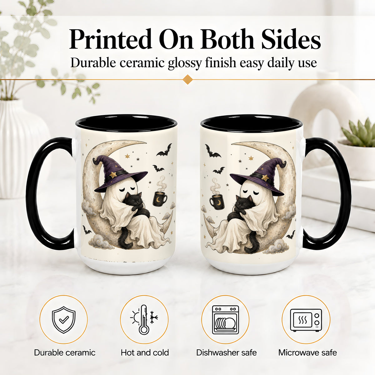 #pl[15oz|Black] Ghost Witch Cat Ceramic Mug, Crescent Moon Halloween Artwork