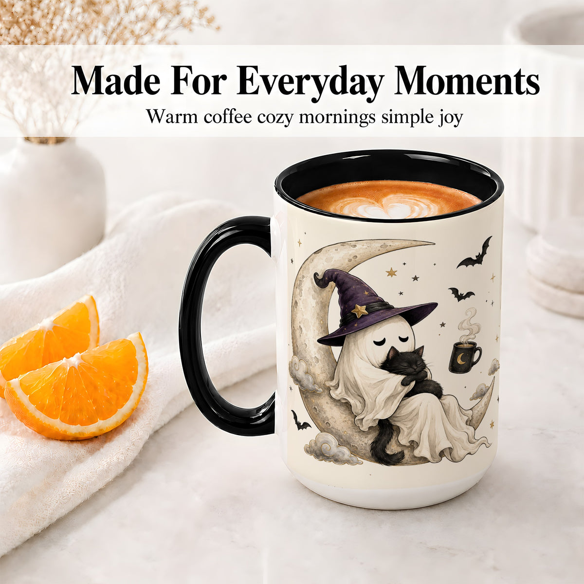 #pl[15oz|Black] Ghost Witch Cat Ceramic Mug, Crescent Moon Halloween Artwork