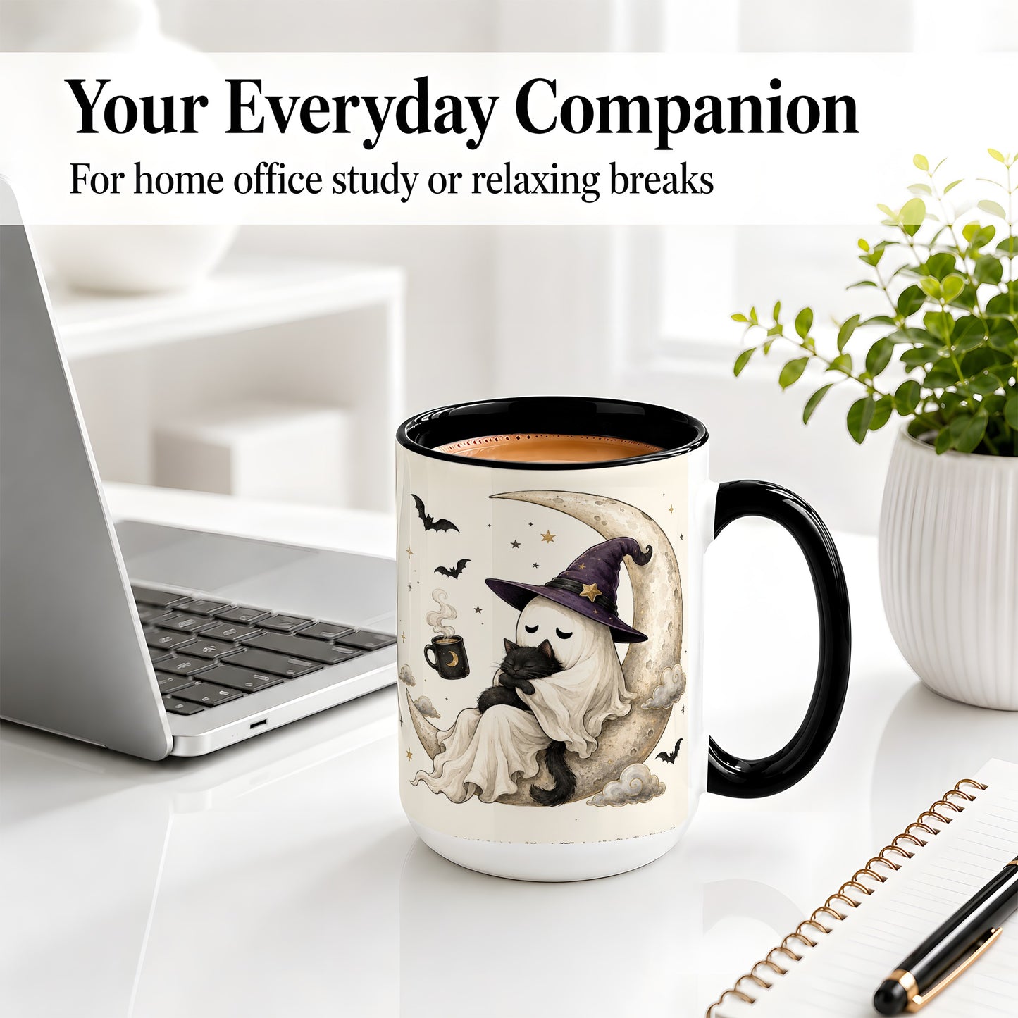 #pl[15oz|Black] Ghost Witch Cat Ceramic Mug, Crescent Moon Halloween Artwork