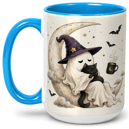#pl[15oz|Blue] Ghost Witch Cat Ceramic Mug, Crescent Moon Halloween Artwork