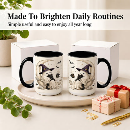 #pl[15oz|Black] Ghost Witch Cat Ceramic Mug, Crescent Moon Halloween Artwork