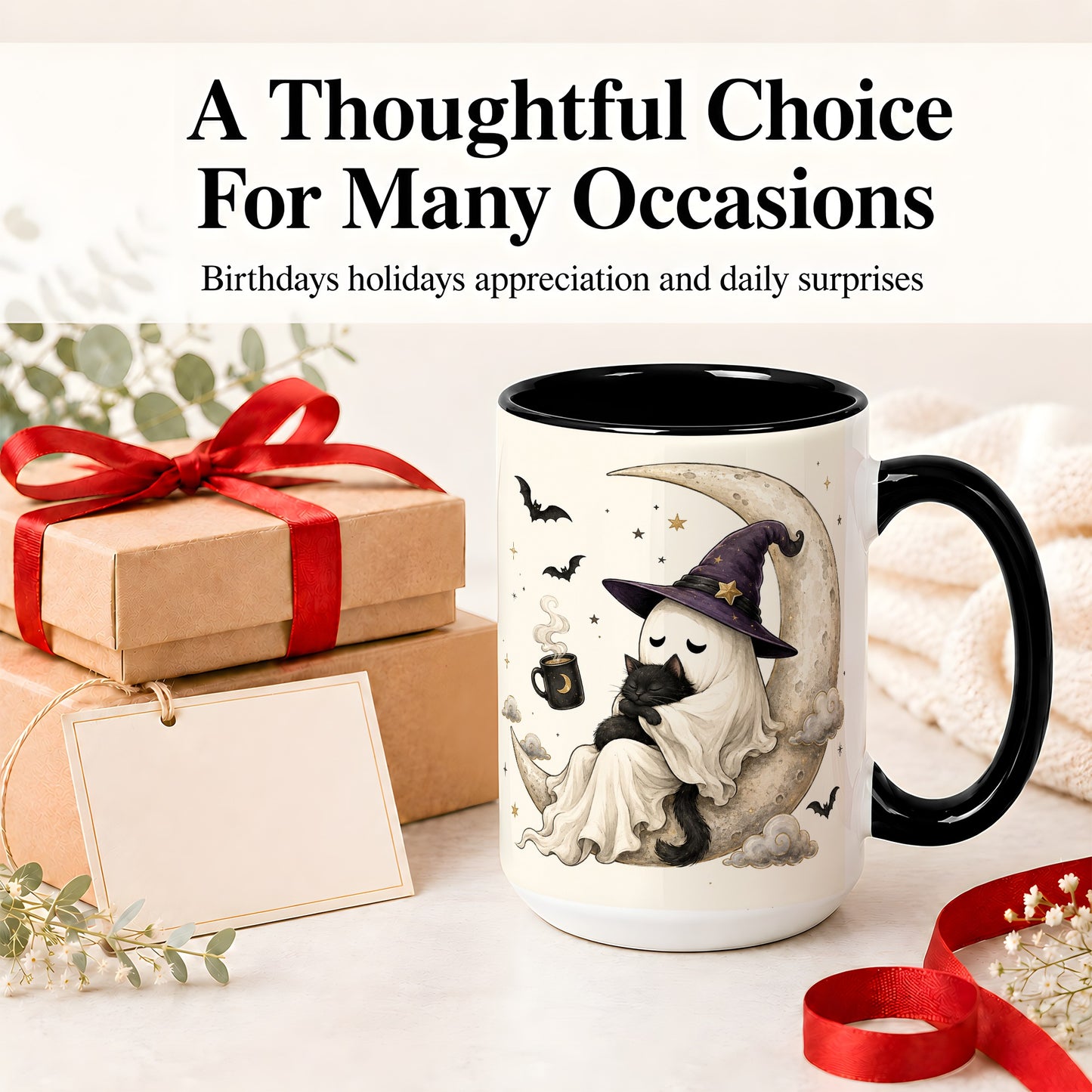 #pl[15oz|Black] Ghost Witch Cat Ceramic Mug, Crescent Moon Halloween Artwork