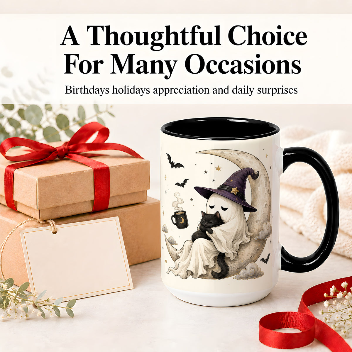 #pl[15oz|Black] Ghost Witch Cat Ceramic Mug, Crescent Moon Halloween Artwork