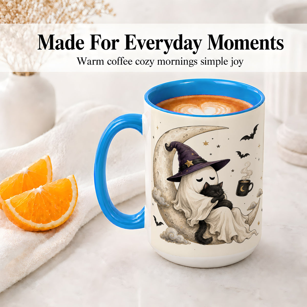 #pl[15oz|Blue] Ghost Witch Cat Ceramic Mug, Crescent Moon Halloween Artwork