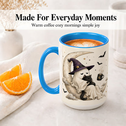#pl[15oz|Blue] Ghost Witch Cat Ceramic Mug, Crescent Moon Halloween Artwork