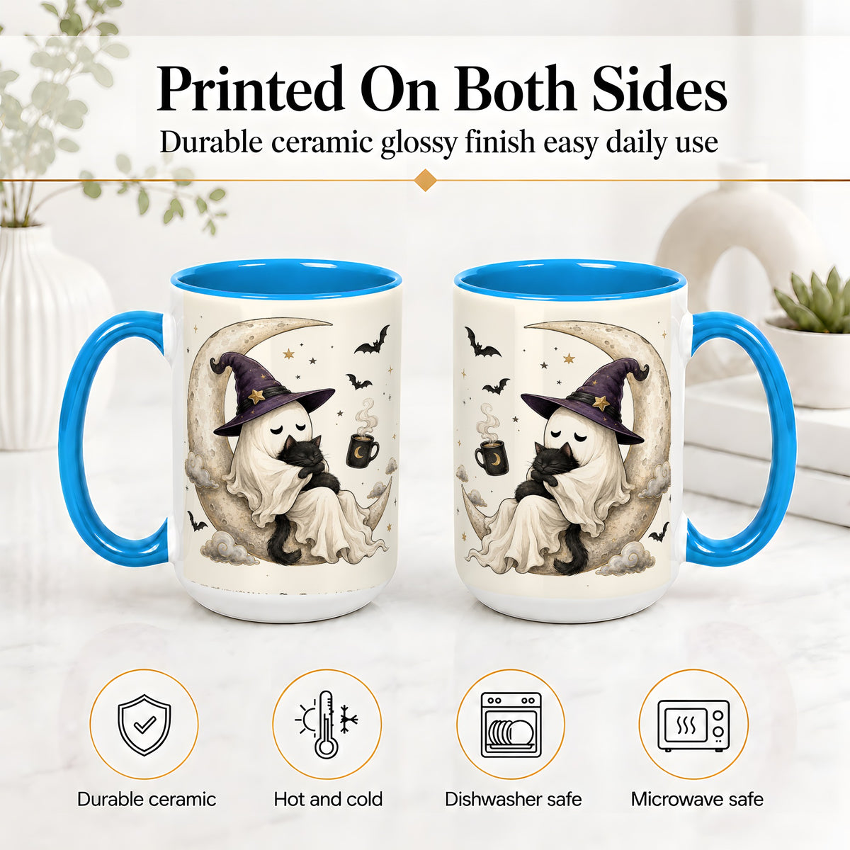 #pl[15oz|Blue] Ghost Witch Cat Ceramic Mug, Crescent Moon Halloween Artwork