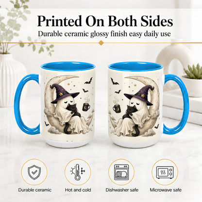 #pl[15oz|Blue] Ghost Witch Cat Ceramic Mug, Crescent Moon Halloween Artwork