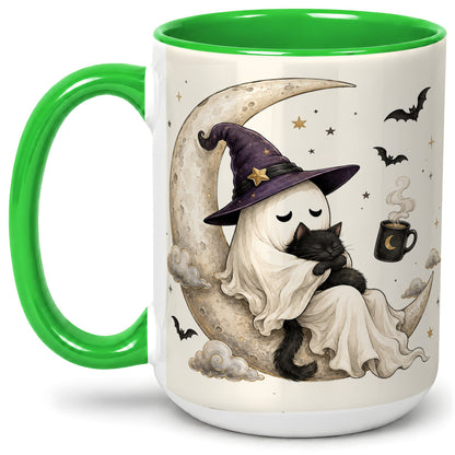 #pl[15oz|Green] Ghost Witch Cat Ceramic Mug, Crescent Moon Halloween Artwork