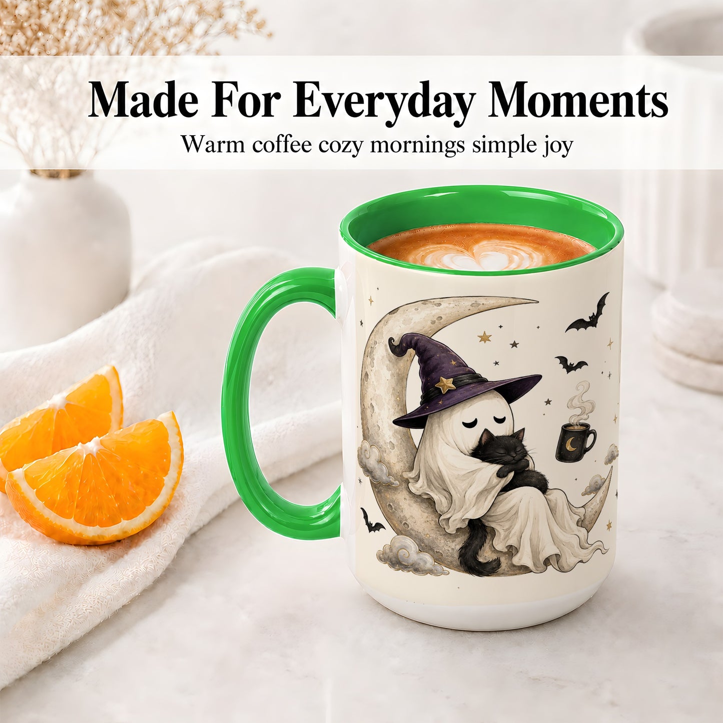 #pl[15oz|Green] Ghost Witch Cat Ceramic Mug, Crescent Moon Halloween Artwork