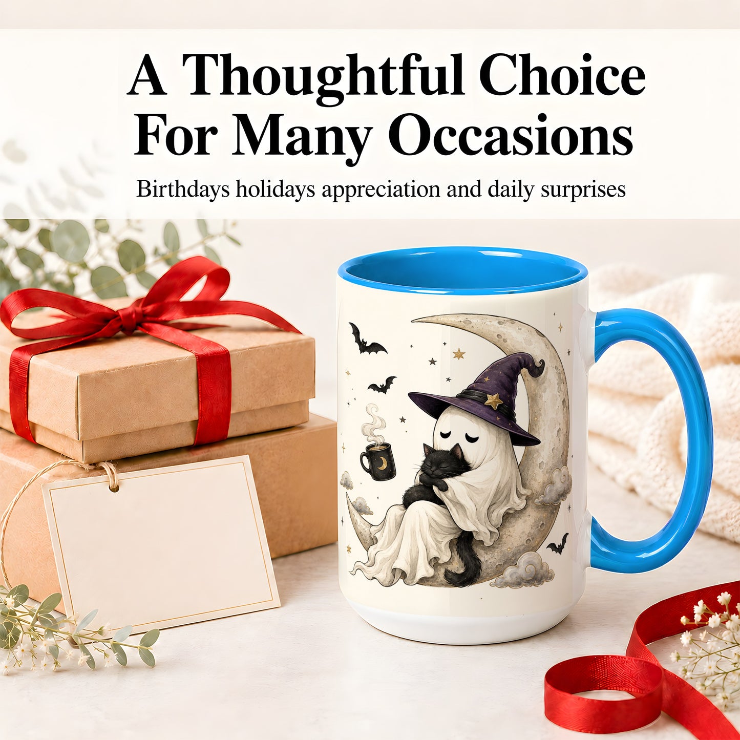 #pl[15oz|Blue] Ghost Witch Cat Ceramic Mug, Crescent Moon Halloween Artwork
