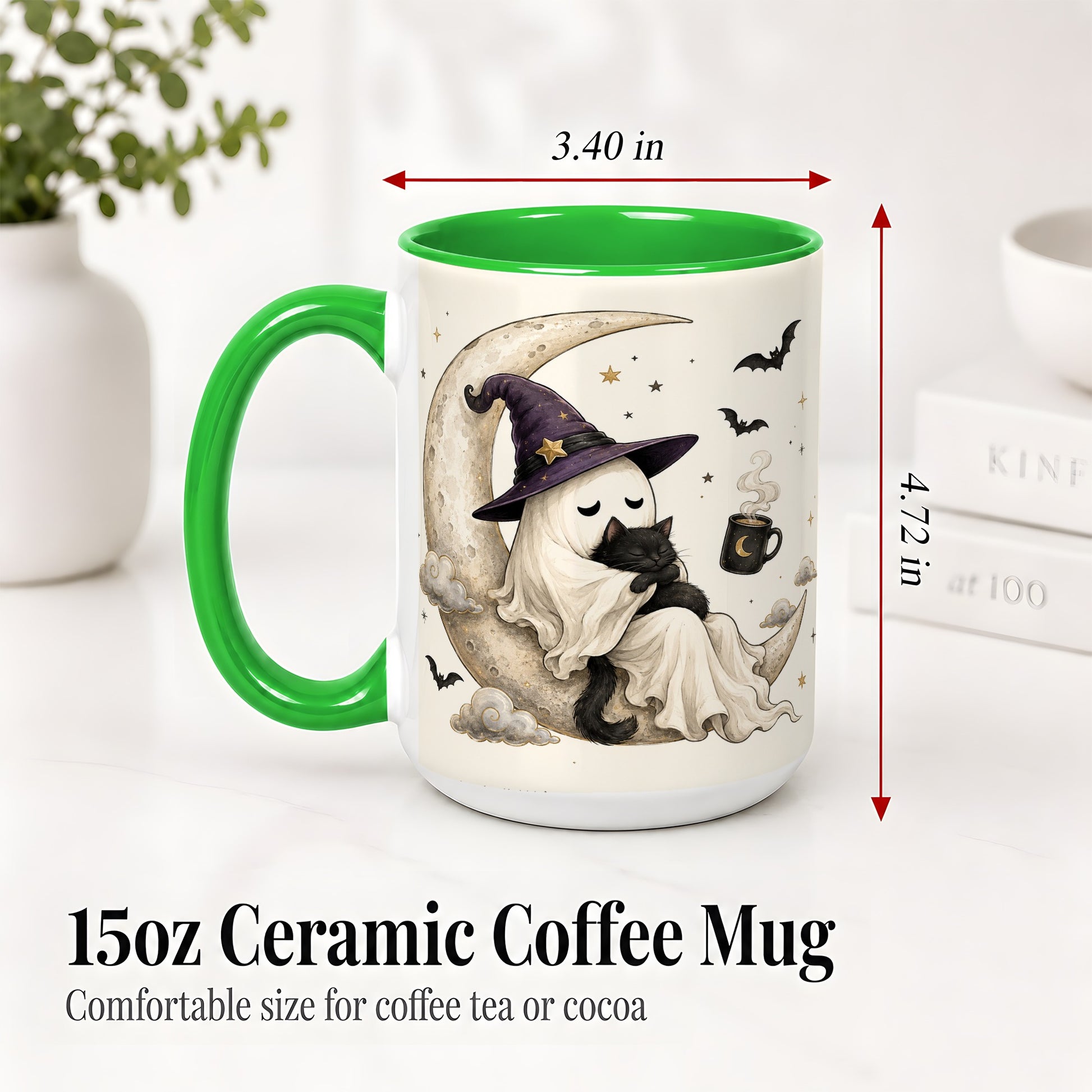 #pl[15oz|Green] Ghost Witch Cat Ceramic Mug, Crescent Moon Halloween Artwork