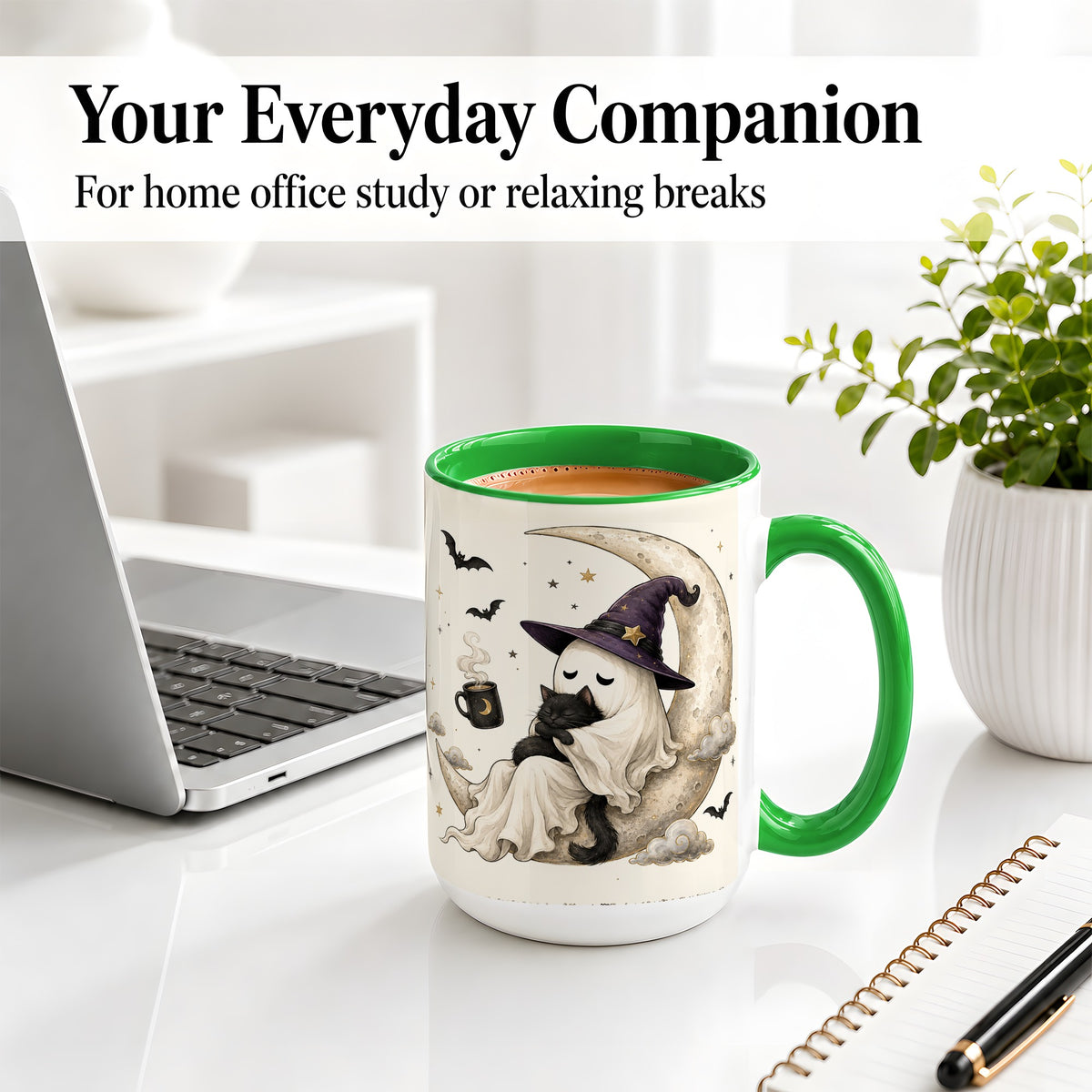 #pl[15oz|Green] Ghost Witch Cat Ceramic Mug, Crescent Moon Halloween Artwork