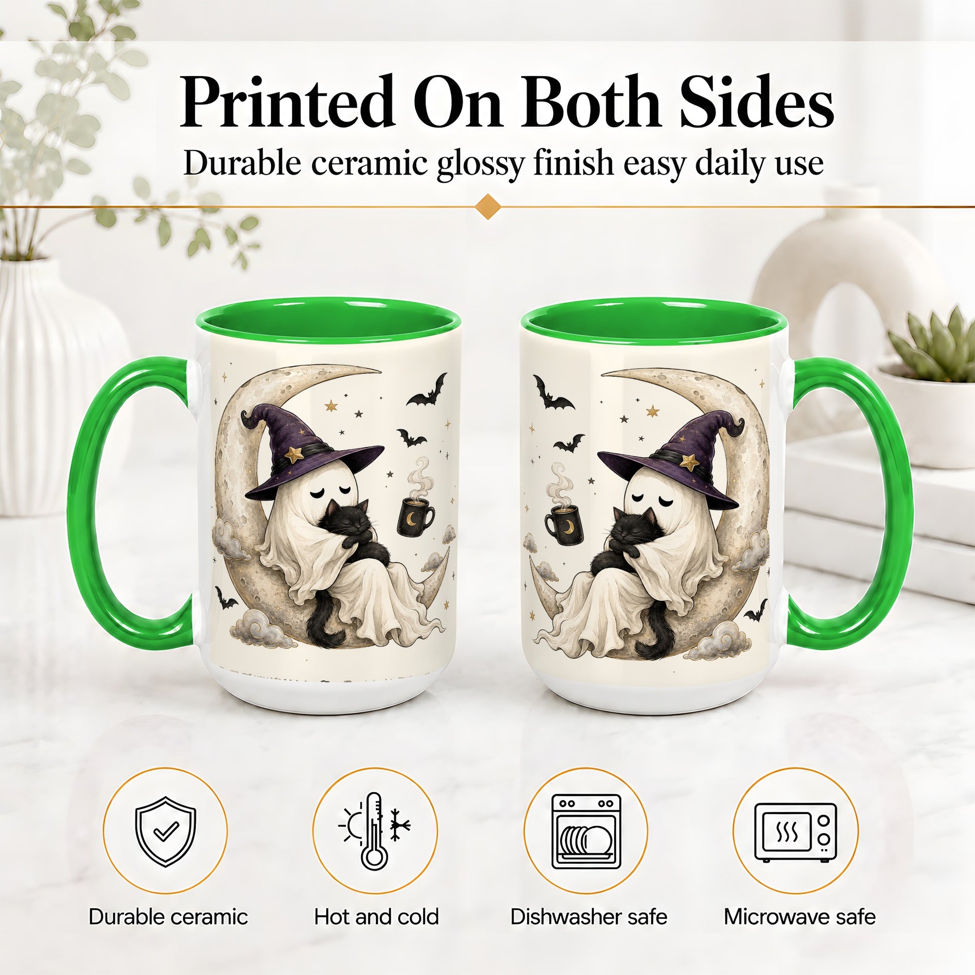 #pl[15oz|Green] Ghost Witch Cat Ceramic Mug, Crescent Moon Halloween Artwork