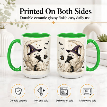 #pl[15oz|Green] Ghost Witch Cat Ceramic Mug, Crescent Moon Halloween Artwork