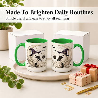 #pl[15oz|Green] Ghost Witch Cat Ceramic Mug, Crescent Moon Halloween Artwork