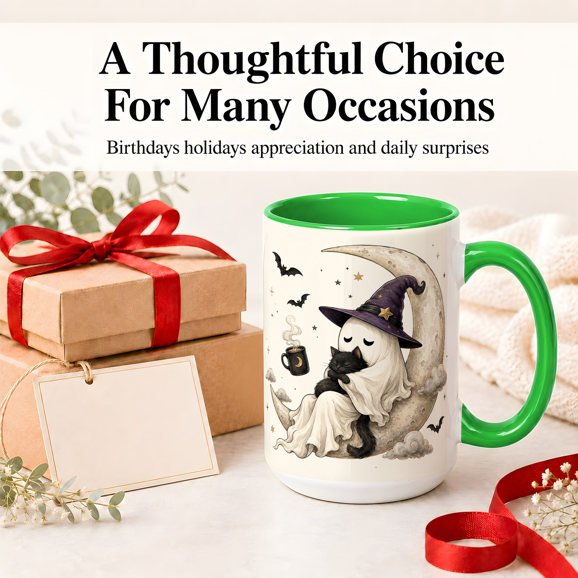 #pl[15oz|Green] Ghost Witch Cat Ceramic Mug, Crescent Moon Halloween Artwork