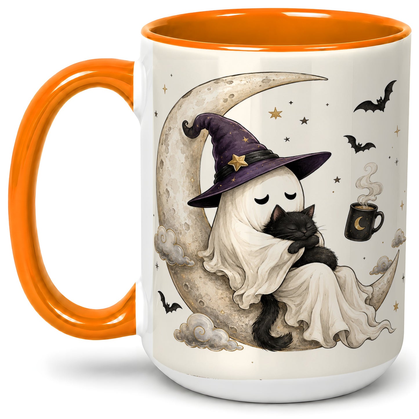 #pl[15oz|Orange] Ghost Witch Cat Ceramic Mug, Crescent Moon Halloween Artwork