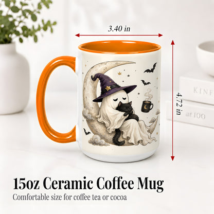 #pl[15oz|Orange] Ghost Witch Cat Ceramic Mug, Crescent Moon Halloween Artwork