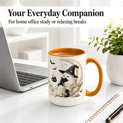 #pl[15oz|Orange] Ghost Witch Cat Ceramic Mug, Crescent Moon Halloween Artwork