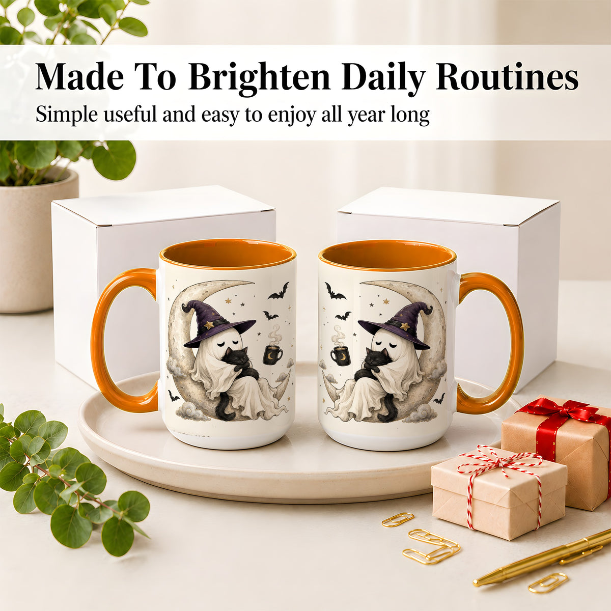 #pl[15oz|Orange] Ghost Witch Cat Ceramic Mug, Crescent Moon Halloween Artwork
