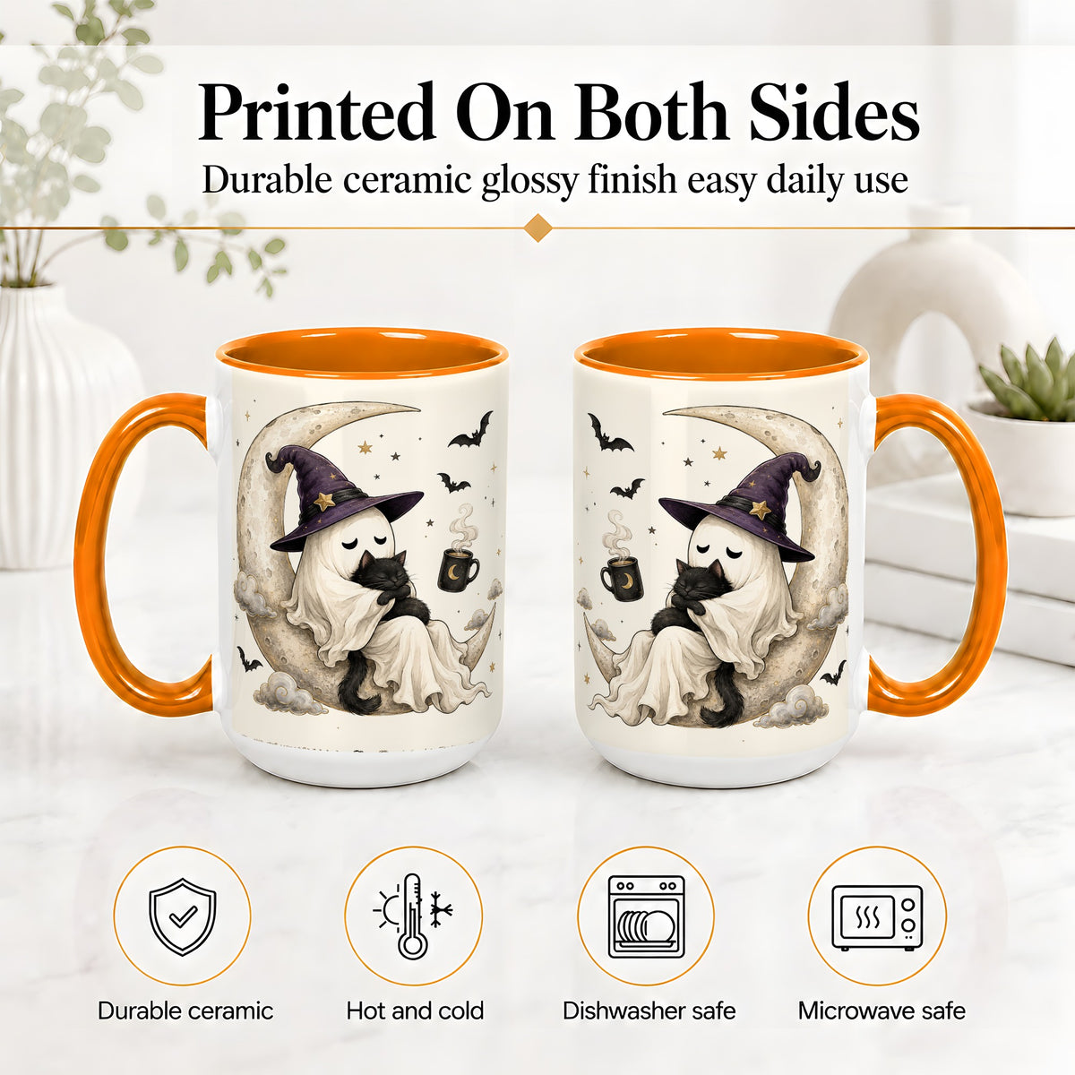 #pl[15oz|Orange] Ghost Witch Cat Ceramic Mug, Crescent Moon Halloween Artwork